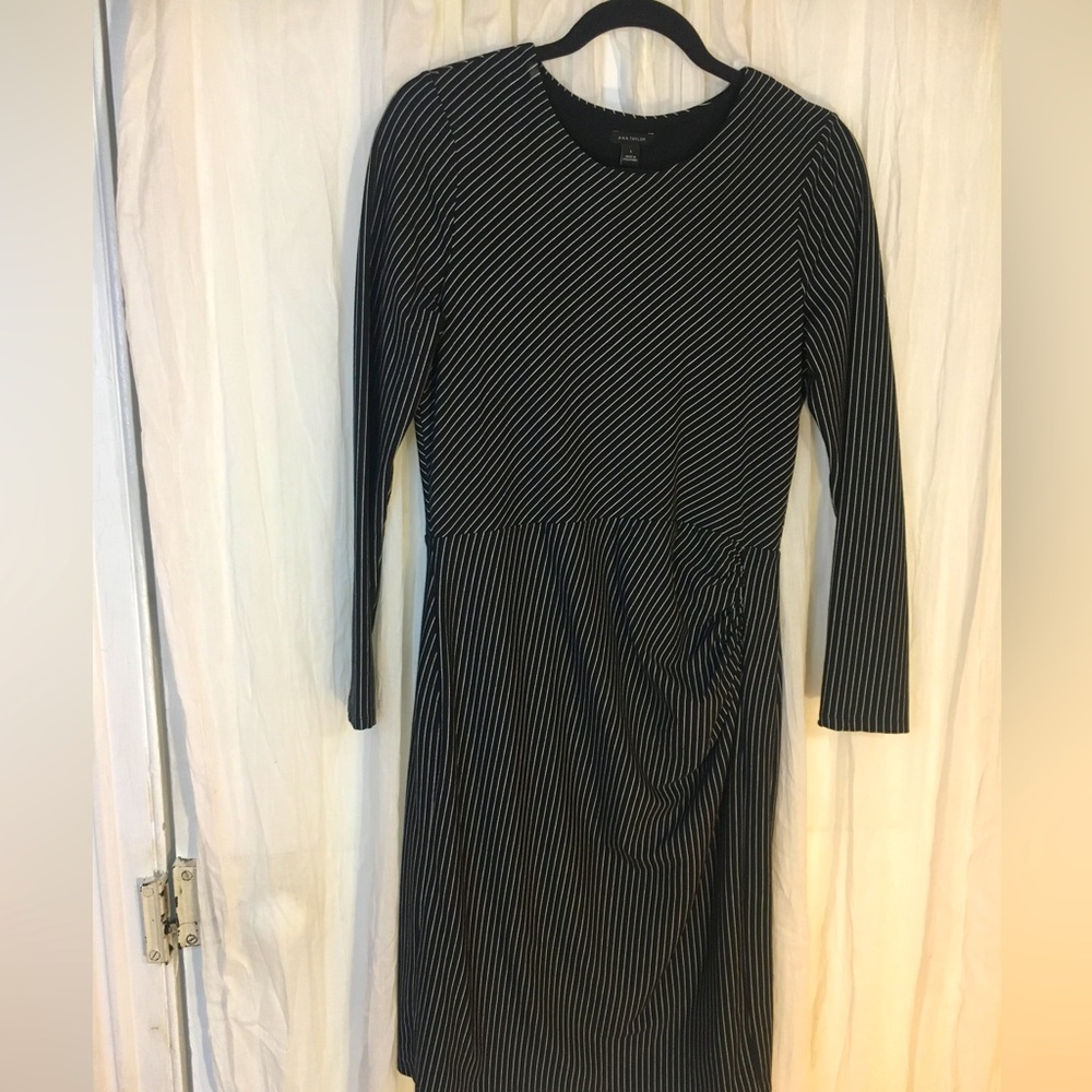 Ann Taylor Pinstripe Long Sleeve Dress with Side Shirring - Fully Lined Sz S